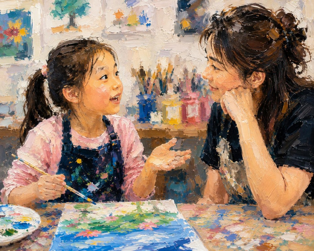 A stART Studio mentor listening attentively as a young artist talks about her painting