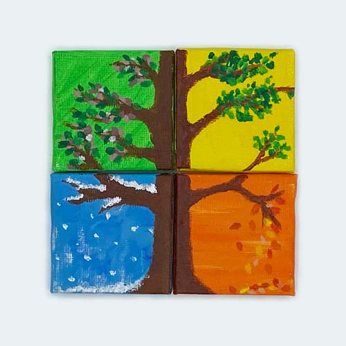 Four small 5 by 5 centimetre acrylic canvases