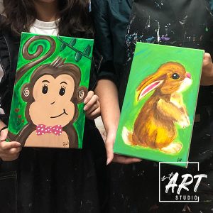 Student acrylic painting of a monkey and a rabbit