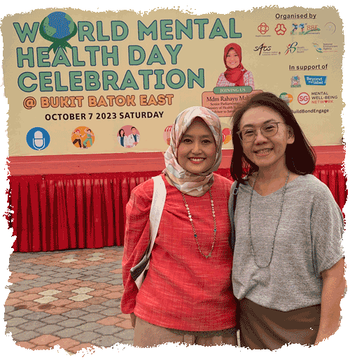 Ms Elfin with a guest at the World Mental Health Day Celebration at Bukit Batok East, October 2023