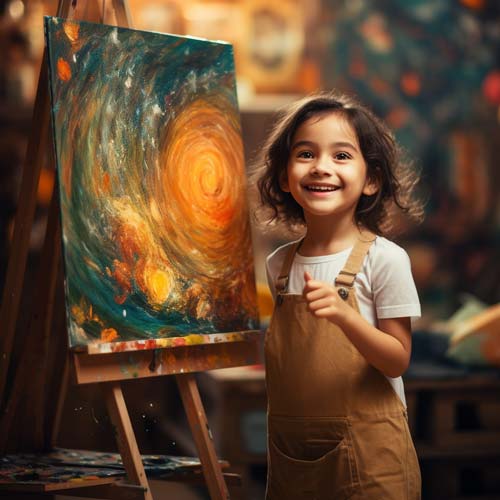 Girl giving thumbs up beside painting