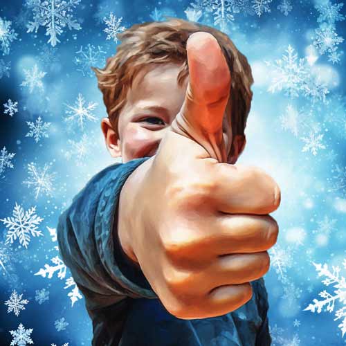 Boy doing thumbs up with snowflakes background