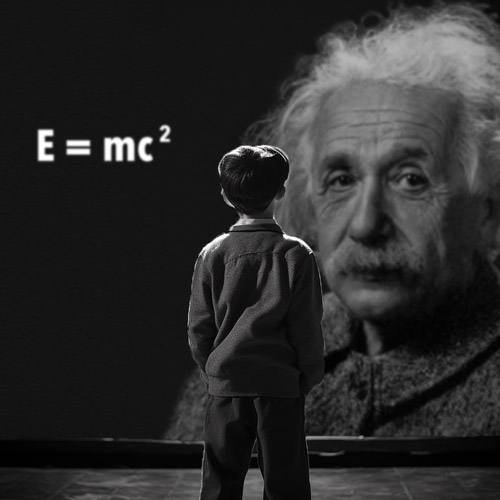 Boy looking at photo mural of Albert Einstein